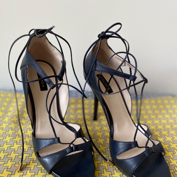 Escada Beautiful Lace Up Navy Sandals - Picture 2 of 6